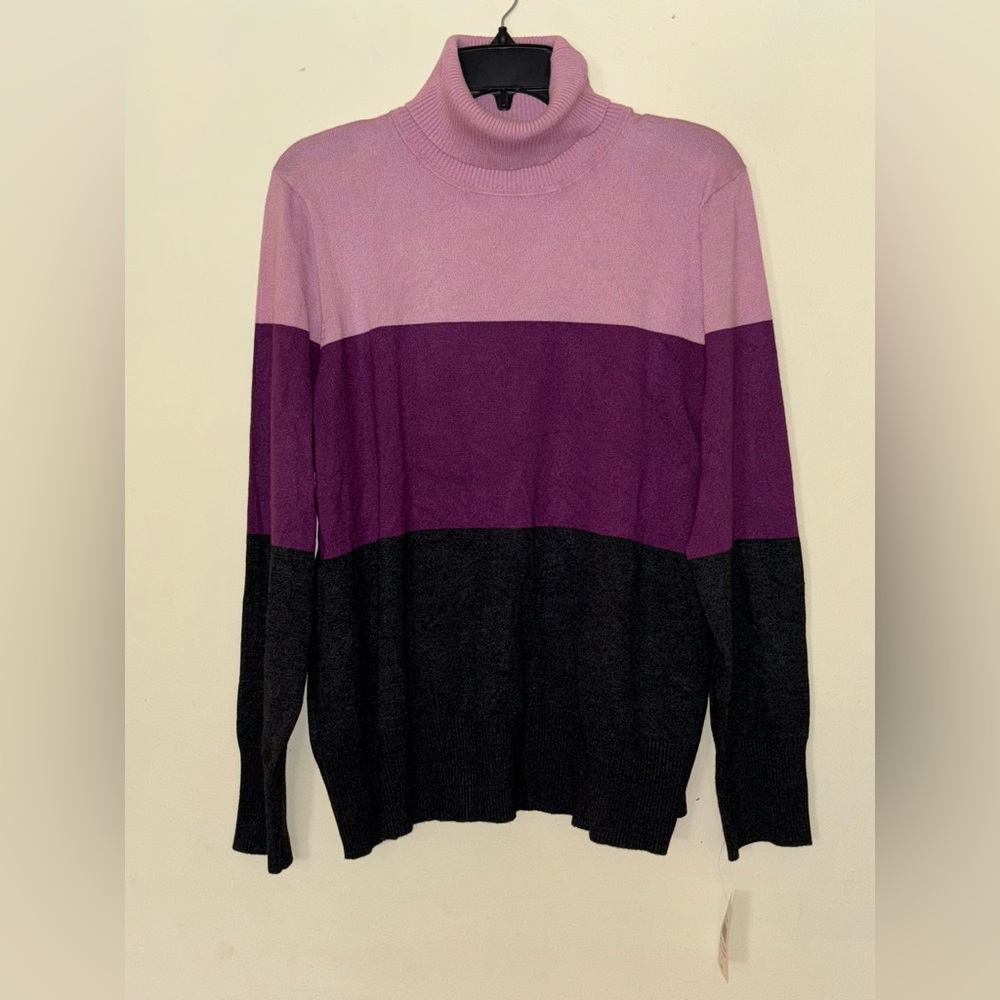 Retrology Colorblock Turtleneck Sweater - Pink, Purple, and Grey